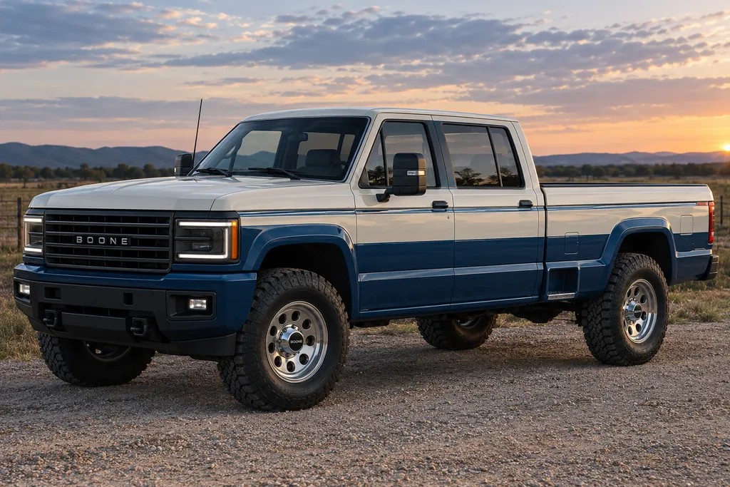 Boone Crew Cab in two-tone paint parked on gravel at sunset